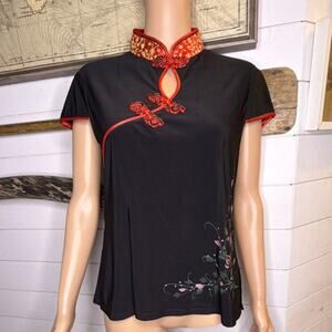 Silver Dragon Black Red Floral Embroidered Mandarin Collar Cap Sleeve Blouse XXL